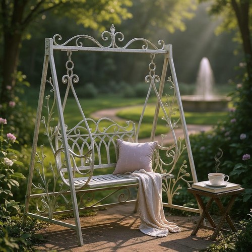 Cream metal swing chair garden - metal,