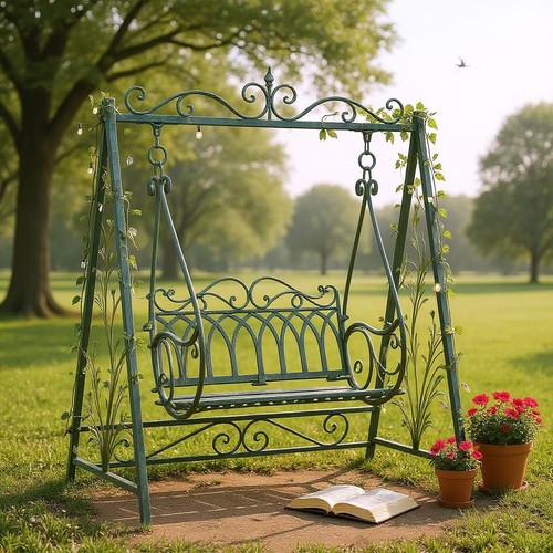 Green metal swing chair garden - chair,